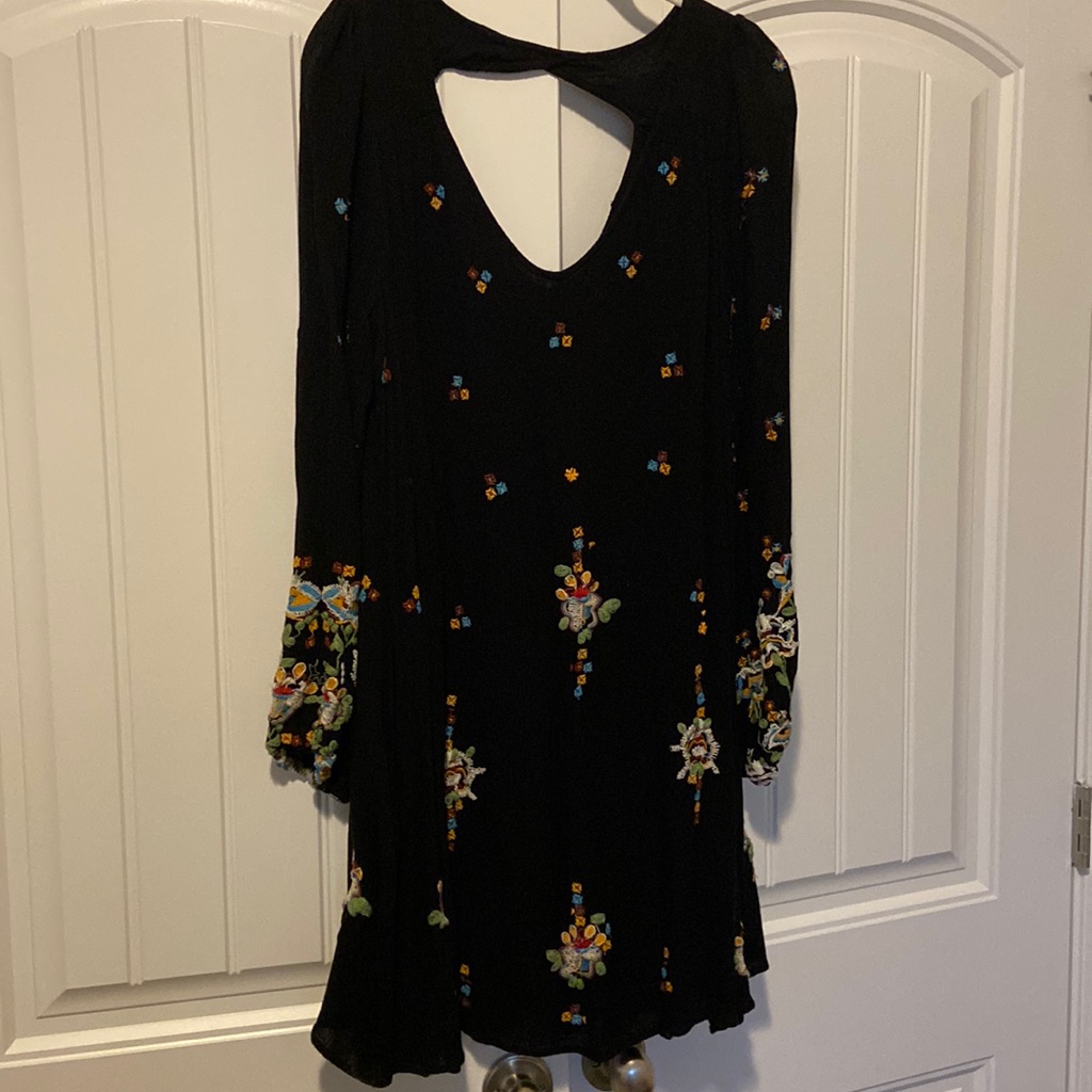 Free People Black Long Sleeve Embroidered Mini Dress